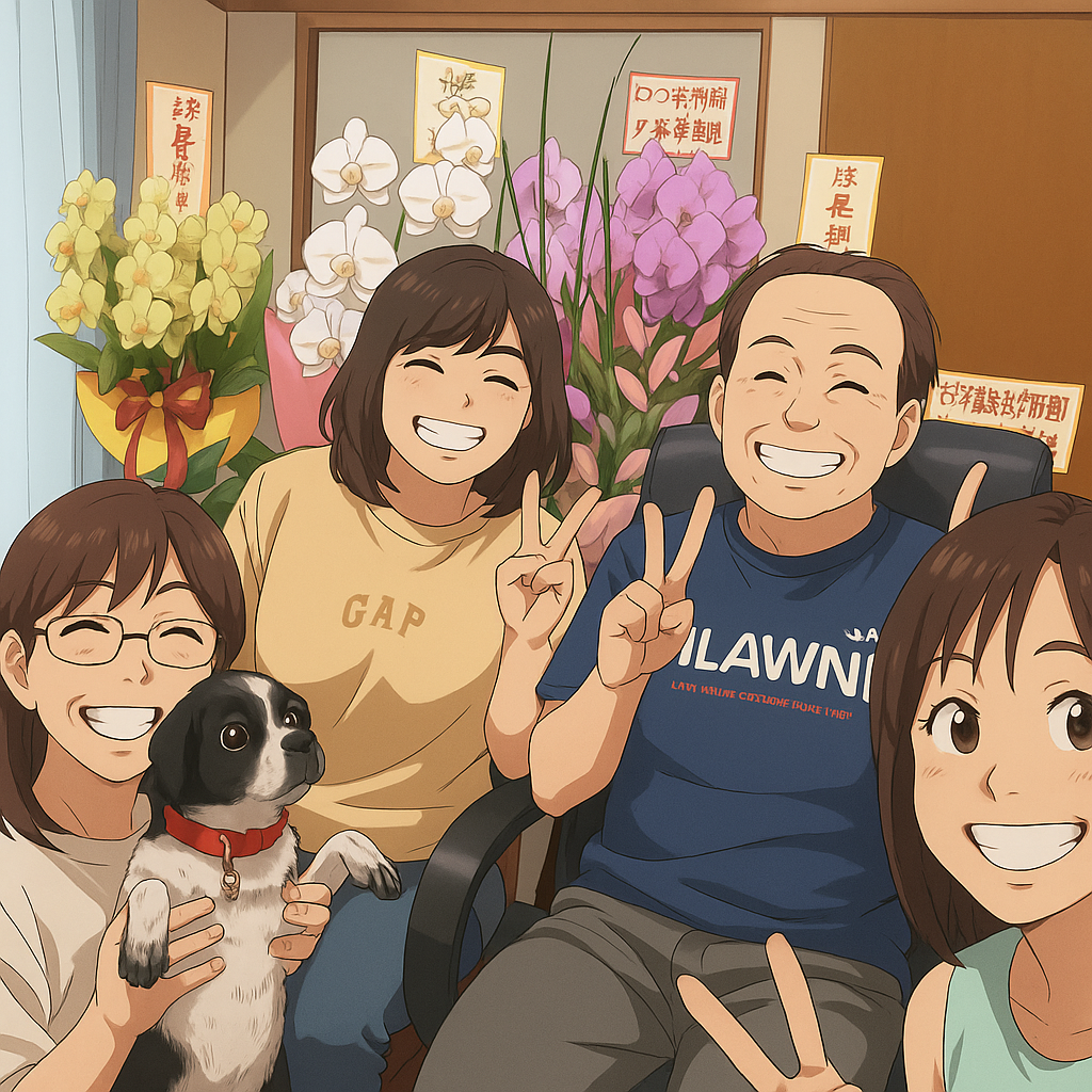 どこいく開業時のスタッフ4人+ココ。お花をバックに笑顔でピースサインをしている様子。