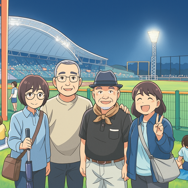 ヘルパーさんを含む4人で、スタジアムをバックに記念撮影！