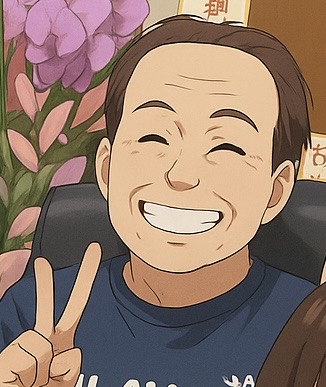 中本代表がピースをして笑っている様子。